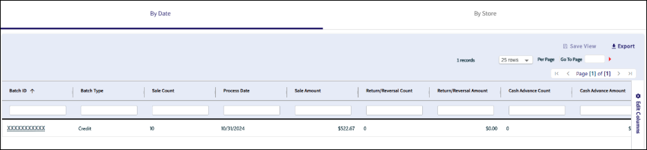 A summary of the batch. It lists the columns Batch ID, Batch Type, Sale Count, Process Date, Sale Amount, Return/Reversal Count, Return/Reversal Amount, Cash Advance Count, and Advance Amount.