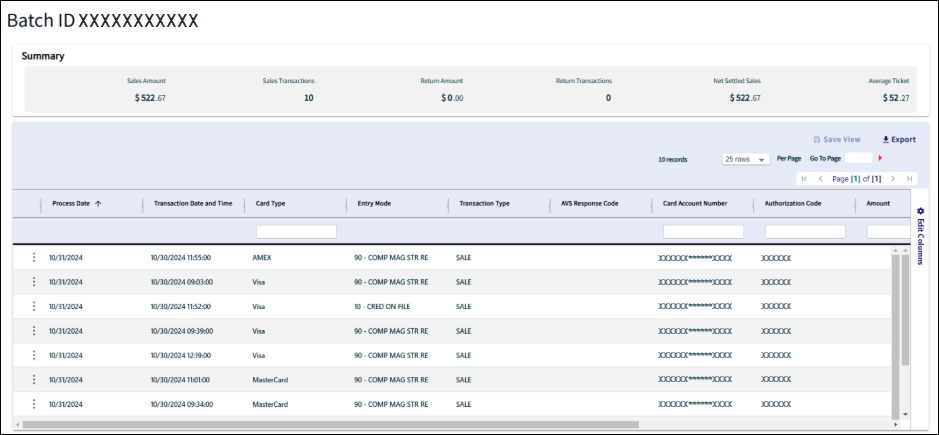A Summary of the selected Batch ID number. It lists information for the columns Process Date, Transaction Date and Time, Card Type, Entry Mode, Transaction Type, AWS Response Code, Card Account Number, Authorization Code, and Amount.