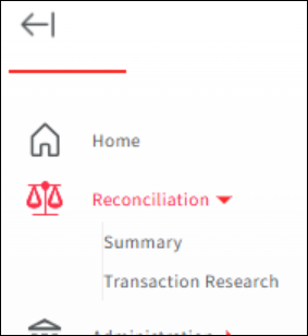 Part of the menu on the iQ homepage. Reconciliation is selected and shows two options, Summary and Transaction Research.