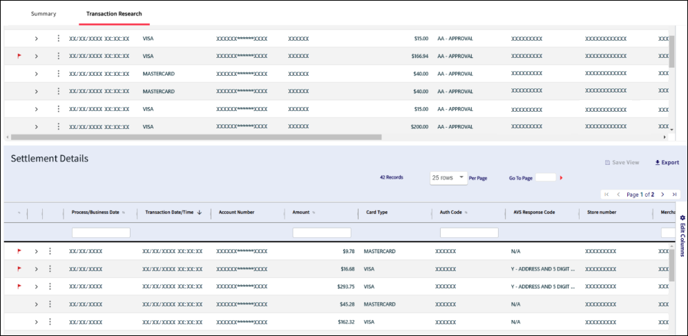 Search results on the Transaction Research screen. A Settlement Details section is available.