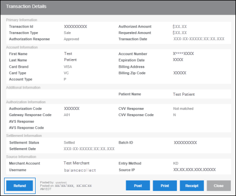 The Transaction Details pop-up window. An arrow points to the Refund button in the bottom left corner.