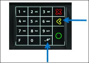 The keypad of the Lane7000 card reader. Arrows point to the yellow arrow button and the pound sign button.