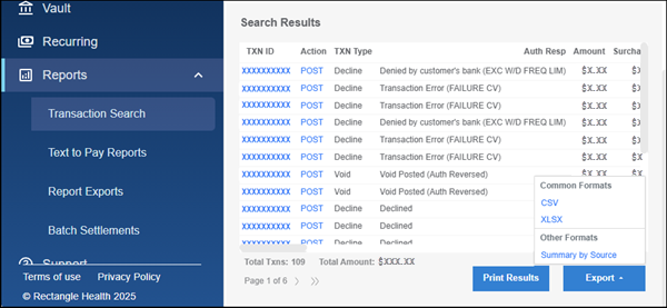 The Search Results section of the Transaction Search screen. The Export button has been selected, and a window shows three formats to select from: CSV, XLSX, and Summary by Source.