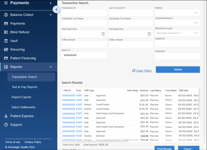 The Reports > Transaction Search screen. Numbered arrows point to the following: 1 > Cardholder Last Name, 2 > Submit button, 3 > TXN ID.