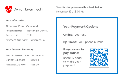 An example billing statement with online, phone, and QR code payment options.