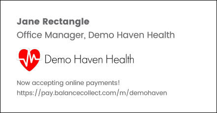 An example email signature that includes a payment URL.