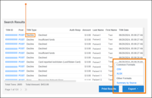 The Search Results of the Transaction Search. A box surrounds Decline under TXN Type, and another box surrounds the Export button and pop-up format options of CSV, XLSX, and Summary by Source.