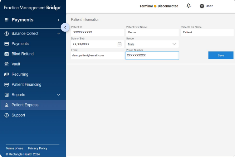 The Patient Information screen with entries in all fields and a Save button. The fields are Patient ID, Patient First Name, Patient Last Name, Date of Birth, Gender, Email, and Phone Number. 