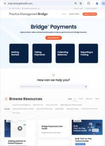 The Bridge Payments Help Center. It has a search bar, and various topics and articles listed to browse.