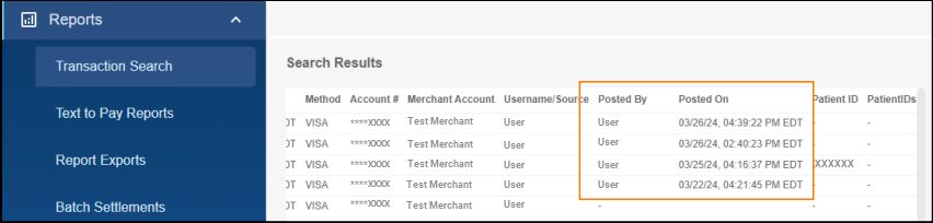 The Search Results section of the Reports > Transaction Search screen. A box surrounds the Posted By and Posted On columns.
