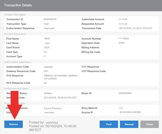 The Transaction Details pop-up window. An arrow points to the Refund button in the bottom left corner.