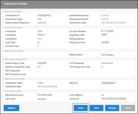 The Transaction Details screen. A box surrounds the Post button at the bottom of the screen.