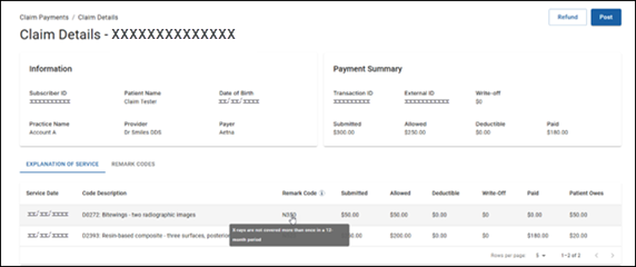 The Claim Payments > Claim Details screen. There’s an Information section, Payment Summary section, EXPLANATION OF SERVICE tab, and REMARK CODES tab.