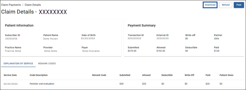 The Claim Details screen. A box surrounds the Download button in the top right corner.