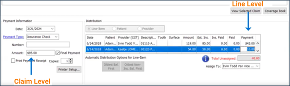 An example of posted amounts in a PM system. The text ”Claim Level” points to the Amount field (which lists $95.00) under the Payment Information section. The text ”Line Level” points to the Payment column under the Distribution section.