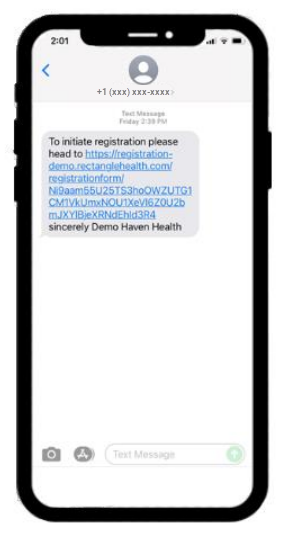 A mobile phone with a text message invitation to register.