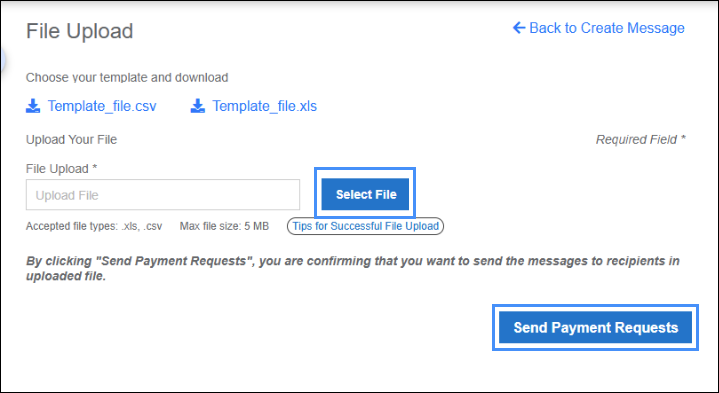 The File Upload screen. Boxes surround the Select File button and Send Payment Requests button.
