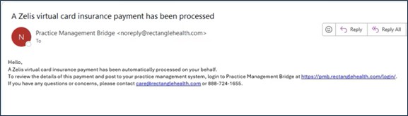 An example of the email notification that is sent when an electronic payment from Zelis is processed on your behalf.