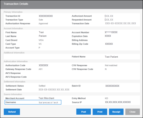 The Transaction Details screen. A box surrounds the Username field.