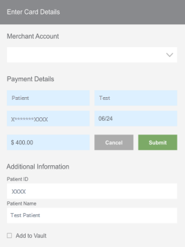 The Enter Card Details pop-up. The Payment Details and Additional Information sections fields are filled in. The Merchant Account section is blank.