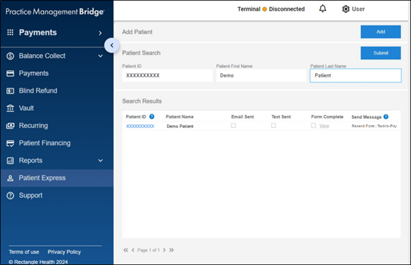 The Patient Express screen. It has Add Patient, Patient Search, and Search Results sections. Patient Search has search fields for Patient ID, Patient First Name, and Patient Last Name, and a Submit button. Search Results lists patient information.