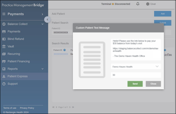 The Custom Patient Text Message pop-up message. The rest of Practice Management Bridge is grayed out.