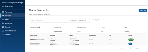 The PayerSync > Claim Payments screen of Practice Management Bridge.