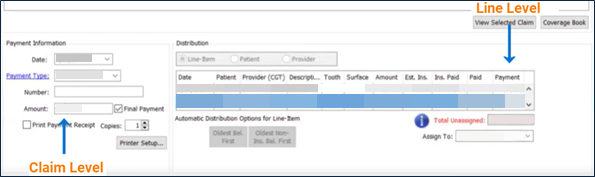 An example of posted amounts in a PMS. The text ”Claim Level” points to the Amount field under the Payment Information section. The text ”Line Level” points to the Payment column under the Distribution section.