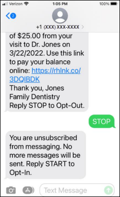 An example text message where a recipient has texted “STOP” and received the unsubscribed message.