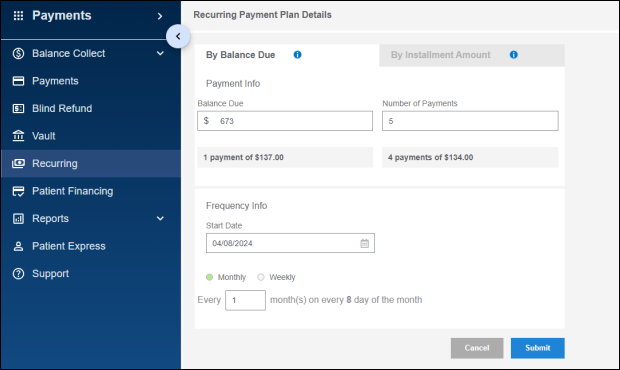 The By Balance Due tab of the Recurring Payment Plan Details screen in Bridge Payments. It has fields for Payment Info and Frequency Info, and Cancel and Submit buttons.