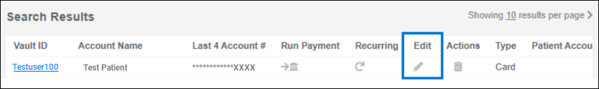 The Search Results section of Vault. A box surrounds the Edit column and pencil icon underneath it.