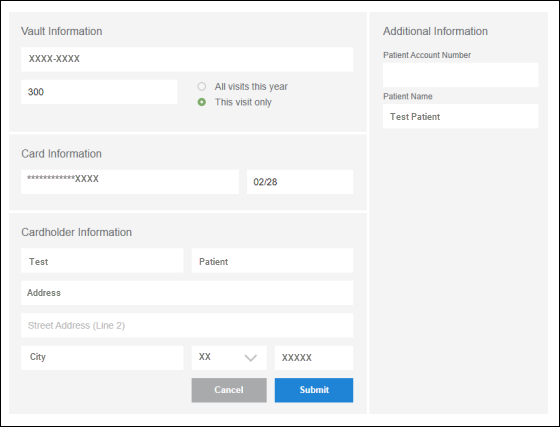 A page that displays the Vault Information, Card Information, Cardholder Information, and Additional Information of a selected card. A Cancel and Submit button are also available.