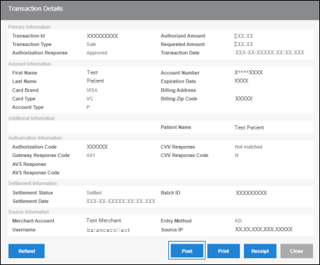 The Transaction Details screen. A box surrounds the Post button at the bottom of the screen.
