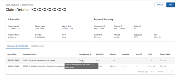 The Claim Payments > Claim Details screen. There’s an Information section, Payment Summary section, EXPLANATION OF SERVICE tab, and REMARK CODES tab.
