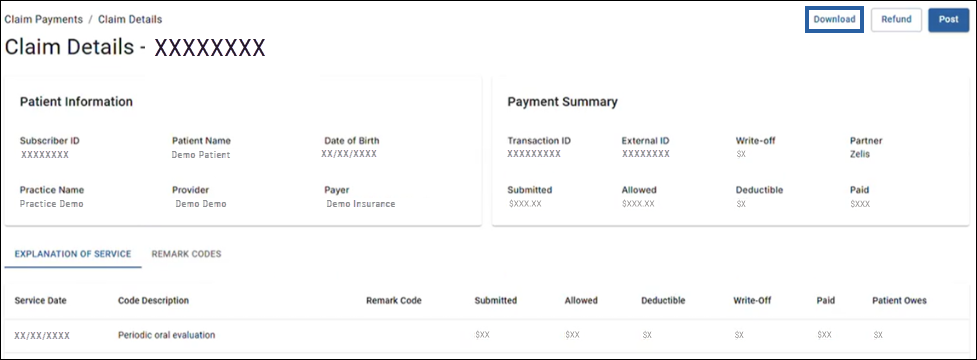 The Claim Details screen. A box surrounds the Download button in the top right corner.