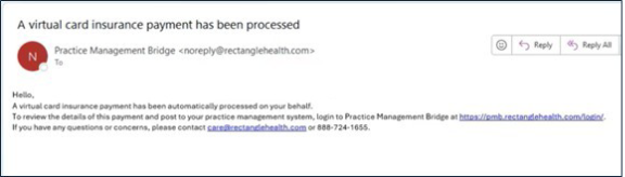 An example of the email notification that is sent when an electronic payment from an insurance payment partner is processed on your behalf.