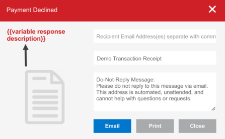 A Payment Declined pop-up. An arrow points to the area under Payment Declined, which is where the variable response description would be.