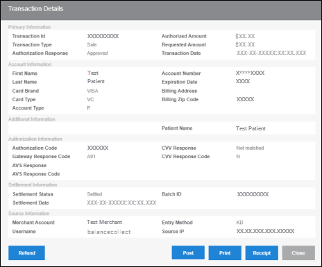 The Transaction Details screen. Details are noted in the Primary Information, Account Information, Additional Information, Authorization Information, Settlement Information, and Source Information sections.