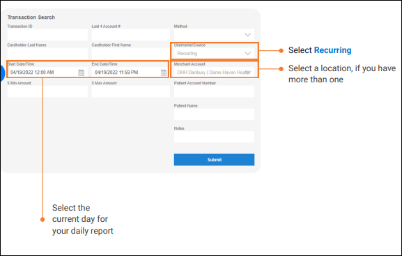 The Transaction Search screen. The Username/Source, Start Date/Time, End Date/Time, and Merchant Account all have boxes surrounding them and text pointing to them.