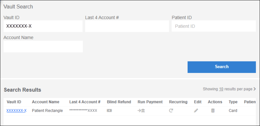 The Vault Search section and Search Results section. The Vault ID in Vault Search has an entry, and there’s one matching result in the Search Results section.