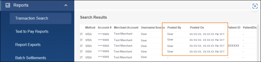 The Search Results section of the Reports > Transaction Search screen. A box surrounds the Posted By and Posted On columns.