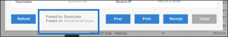 The bottom portion of the Transaction Details window. A box surrounds the space in-between the Refund and Post buttons, which lists Posted by and Posted on details.