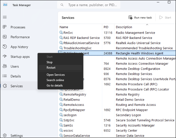 The Task Manager window with RHWindowsAgent highlighted blue in the Services list. A small window lists Start, Stop, Restart, Open Services, Search online, and Go to details.