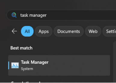 The Search window for a PC. ”task manager” is entered in the Search field, and it is a result under "Best match”.