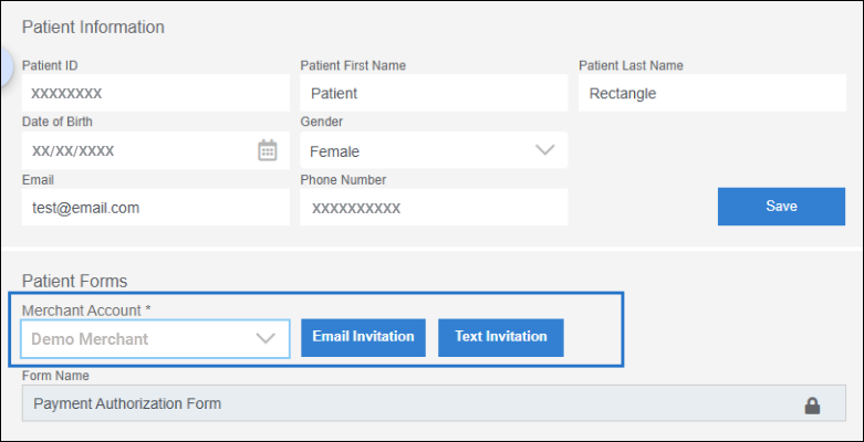 The Patient Information and Patient Forms sections. All fields in Patient information are filled. A box surrounds the merchant Account drop-down field, Email Invitation button, and Text Invitation button under Patient Forms.