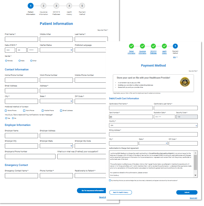 A web browser view of an example registration form’s Patient Information questionnaire and Payment Method pages.