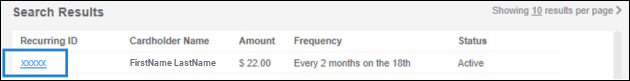 The Search results, with a box surrounding the Recurring ID.