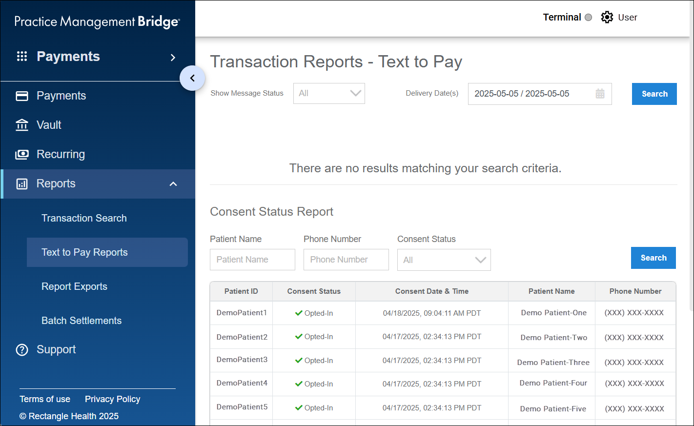 The Reports > Text to Pay Reports screen in Bridge Payments. There’s a Transaction Reports – Text to Pay section and a Consent Stauts Report section.