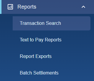 The Reports drop-down menu and its list of options in the left menu of Bridge Payments.
