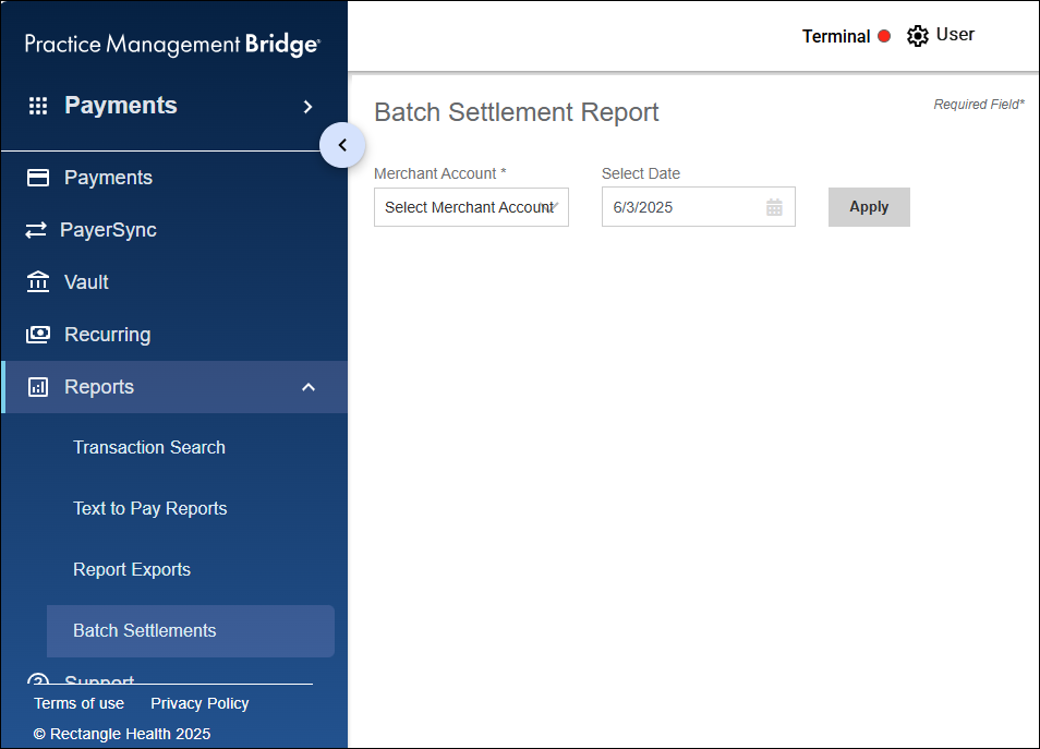 The Batch Settlements screen. It has a Merchant Account drop-down field, Select Date field, and Apply button.